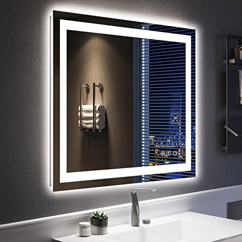 36x30 Inch LED Bathroom Mirror with Lights Front and Backlit Lighted Vanity Mirror for Bathroom Wall with 3 Colors Dimmable Anti-Fog Memory Shatter-Proof IP54 Waterproof Horizontal/Vertical - color: Backlit+front Lit, size: 36"L x 30"W