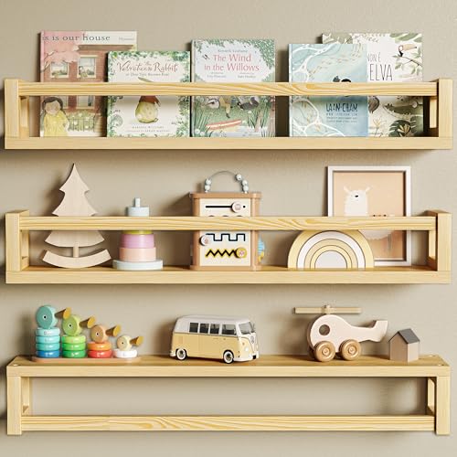 3 Pack 24 Inch Solid Wood Floating Shelves, Nursery Bookshelf, Natural Wood | Durable Solid Wood Construction, Deep Shelf Space for Books, Toys, Plants, Photos and Kitchen Storage - color: Natural Wood, size: 23.60 Inch