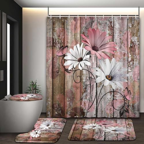 JAWO 4 Piece Pink Daisy Flower on Rustic Wooden Plank Country Style Shower Curtain Sets with Non-Slip Rugs, Toilet Lid Cover and Bath Mat, Shower Curtain with 12 Hooks - color: Pink-01, size: 5'10" x 5'10" (Rectangular)
