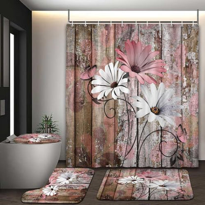 JAWO 4 Piece Pink Daisy Flower on Rustic Wooden Plank Country Style Shower Curtain Sets with Non-Slip Rugs, Toilet Lid Cover and Bath Mat, Shower Curtain with 12 Hooks - color: Pink-01, size: 5'10" x 5'10" (Rectangular)