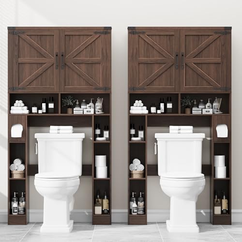 Vabches Home Space-Saving Toilet Rack with 2 Barn Doors, Espresso | Farmhouse Over The Toilet Storage Cabinet, with Toilet Paper Holder Stand, for Laundry, Restroom, Bathroom