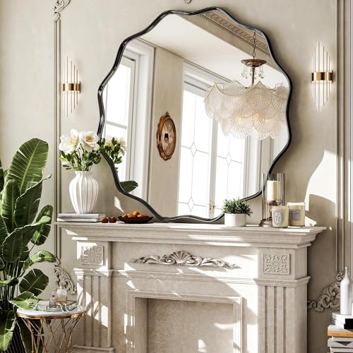Black Scalloped Circle Mirror, 36" Wavy Edge Round Wall Mirror | Tempered Glass Textured Circular Metal Deep Frame, Hanging Leaning for Bathroom, Hallway, Entryway, Livng Room - color: Black, size: 36"L x 36"W