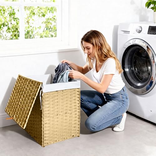Wicker Laundry Hamper with Lid,24Gal (90 L) Rattan Laundry Basket 2 Sections with Lid, Removable Machine Washable Line, Large Clothes Hamper with Handles for Bathroom Bedroom, Yellow - color: Yellow, size: 90L