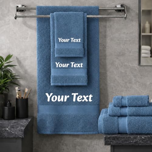Personalized Towel Set, Custom Bath Towels with Name, Turkish Cotton Blue | 3 Pcs Set, 100% Cotton, Embroidered, Monogrammed, Customized Gift For Adults, Wedding, Bridal Shower, Housewarming, Spa - color: Mid Blue, size: 3 Piece Towel Set
