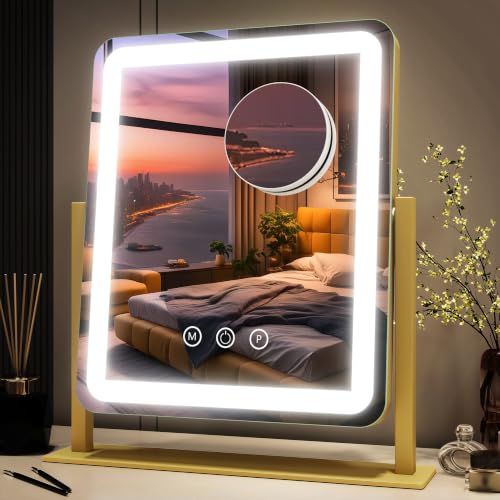 FENNIO Vanity Mirror with Lights - 15"x12.6" LED Lighted Makeup Mirror, Large Makeup Mirror with Lights, Touch Screen with 3-Color Lighting, Dimmable, for Vanity Desk Tabletop, Bedroom Gold - color: Gold, size: 15"L x 12.6"W