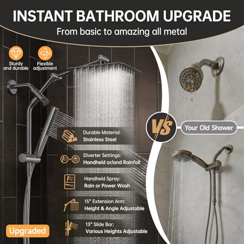 Veken All Metal 10" Luxurious Gray Rain Shower Heads with Handheld Spray | Dual High Pressure Shower Head,Square Detachable Rainfall Showerhead with Extension Arm,Regaderas Para Shower,Ducha Para Baño - color: Premium Grey, size: 10 Inch