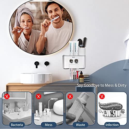 Toothbrush Holder Wall Mounted, WEKITY Multi-Functional Toothbrush and Toothpaste Dispenser for Bathroom, with 5 Toothbrush Slots, 2 Toothpaste Squeezers and 4 Cups(Grey) - color: Grey