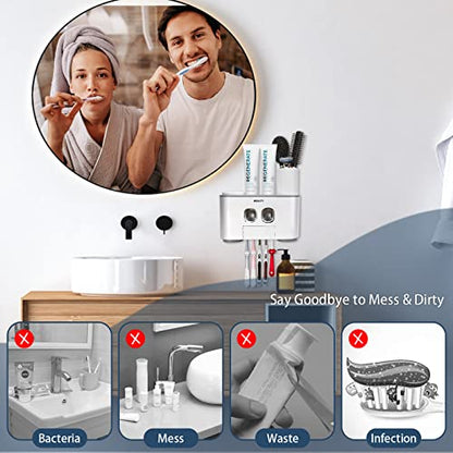 Toothbrush Holder Wall Mounted, WEKITY Multi-Functional Toothbrush and Toothpaste Dispenser for Bathroom, with 5 Toothbrush Slots, 2 Toothpaste Squeezers and 4 Cups(Grey) - color: Grey
