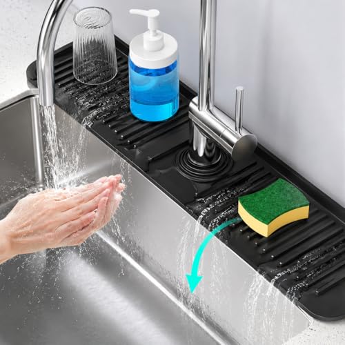 24 inch Faucet Mat for Kitchen Sink Splash Guard, 7° Slope Silicone Sink Water Splash Guard for Kitchen Sink Area with Snap Button, Longer Sink Protectors for kitchen Sink Sponge Holder, (Black )