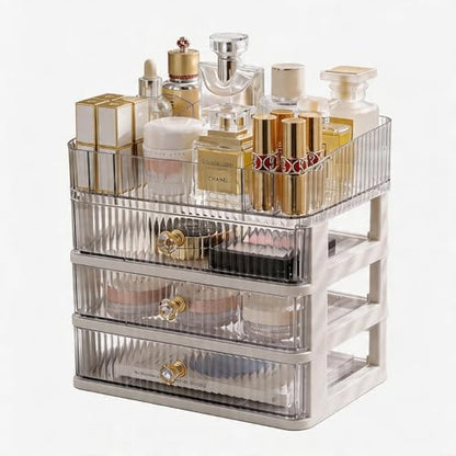 Makeup Organizer with 3 Drawers, Bathroom Counter Organizer. | Clear Cosmetic Display Case, Ideal for Make Up, Skincare, Perfume; Suitable for Dresser Top, Vanity and Desk