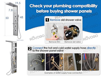 ROVOGO Shower Panel Tower System with 6 Shower Modes, Simultaneous Function | Rainfall Waterfall Shower Head, 2-Type Body Jets, Handheld, Tub Spout, Battery Powered Temp Display, Stainless Steel, Brushed