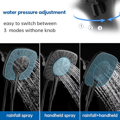 Black Shower Head with Handheld Spray Combo 2 in 1 Rainfall High Pressure with 59" Rotatable Stainless Steel Hose 9 Spray Modes Detachable - color: Black