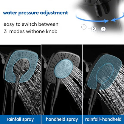 Black Shower Head with Handheld Spray Combo 2 in 1 Rainfall High Pressure with 59" Rotatable Stainless Steel Hose 9 Spray Modes Detachable - color: Black