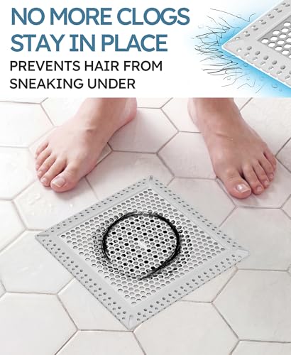 Square Shower Drain Hair Catcher, Anti-Clogging, Gray, 6 inch | Fast Drainage, Anti-Slip & Stays in Place, Stainless Steel & TPE Material, Easy Clean Fits Bathroom Hair Catcher for Shower - color: Gray, size: 6 inch