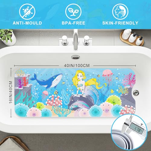 Upgrade Cartoon Baby Bath Mat Non Slip - 40"x16" Extra Long Bathtub Mat for Baby Eco Friendly Durable Bath Mat for Tub Non Slip Kids Tub Mat with Suction Cups, Machine Washable and No Fading, Mermaid - color: E-mermaid-2