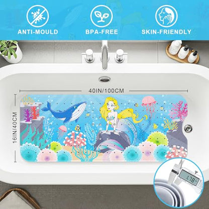 Upgrade Cartoon Baby Bath Mat Non Slip - 40"x16" Extra Long Bathtub Mat for Baby Eco Friendly Durable Bath Mat for Tub Non Slip Kids Tub Mat with Suction Cups, Machine Washable and No Fading, Mermaid - color: E-mermaid-2