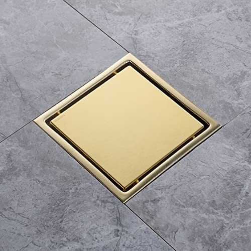 6 Inch Brushed Gold Shower Drain Square, Removable Grid Strainer Cover and Invisible Tile Insert，with Adjustable Drain Flange Kit Base PVC, SUS304 Stainless Steel Brass Face - color: Brushed Gold
