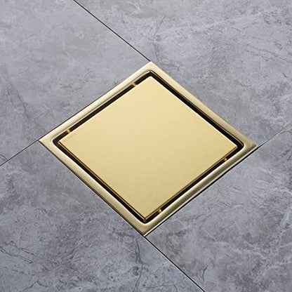 6 Inch Brushed Gold Shower Drain Square, Removable Grid Strainer Cover and Invisible Tile Insert，with Adjustable Drain Flange Kit Base PVC, SUS304 Stainless Steel Brass Face - color: Brushed Gold