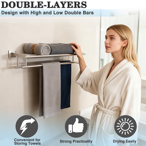 Alise Double Towel Rack for Bathroom Wall Mounted 20 Inch,Brushed Nickel | Bathroom Tower Holder Towel Shelf with Double Towel Bars,SUS304 Stainless Steel Towel Rack with Shelf - color: Brushed Nickel, size: 500mm/20-Inch(Double Bars)