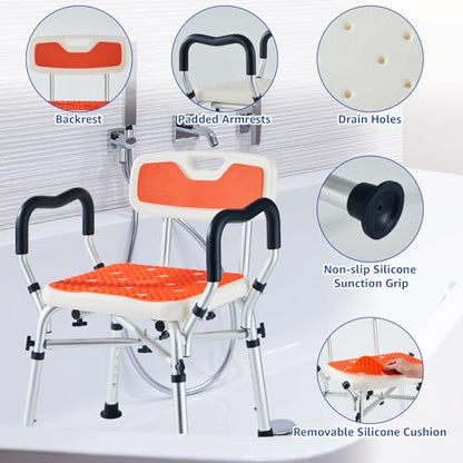 Shower Chair for Inside Shower, Padded Shower Seat Chair with Arms and Back, 6-Level Adjustable Shower Stool Chair for Elderly and Disabled, 550 LB Heavy Duty Handicap Shower Bath Chair | Shower Seat for Inside Tub 6-Height Adjustable,Shower Chair with Ar