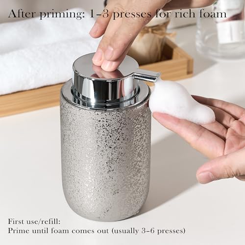 Speckled Silver Ceramic Foaming Soap Dispenser, 12 oz Refillable Foam Soap Pump Bottle for Bathroom Vanity, Kitchen Sink and Countertop - color: Platinum Silver