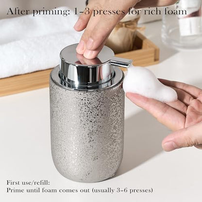 Speckled Silver Ceramic Foaming Soap Dispenser, 12 oz Refillable Foam Soap Pump Bottle for Bathroom Vanity, Kitchen Sink and Countertop - color: Platinum Silver