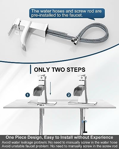 Waterfall Chrome Bathroom Faucet, Brass 4 Inch Bathroom Faucets One Hole or 3 Hole, Single Handle with PP Drain, Deck Plate, Hot and Cold Supply Hoses for RV Lavatory Restroom, 5 Mins Install - color: Chrome
