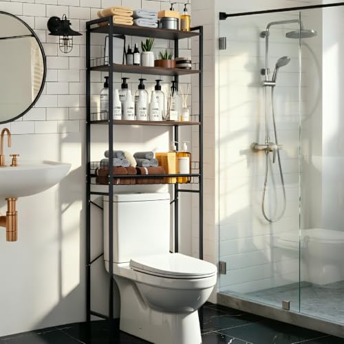 Over The Toilet Storage Rack 4-Tier Freestanding Bathroom Organizer Shelf Over Toilet with Adjustable Shelf & Basket, Space-Saving for Small Spaces, Rustic Brown