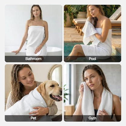 REDKISS Soft 8 Piece Waffle Towel Set, Microfiber, Lighter Weight, Absorbent, Quick Dry, Lint Free Bath Towels for Bathroom, Spa & Hotel – 2 Bath, 2 Hand, 4 Washcloths, White - color: White