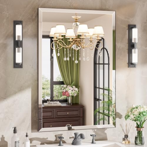 MZON 20x30 Bathroom Vanity Mirror for Wall with Beveled Edge, Ultra-Thin Metal Frame HD Mirror, Rectangular Wall Mounted Mirror for Bathroom Sink, Vertical or Horizontal, Black - color: Black, size: 20"L x 30"W