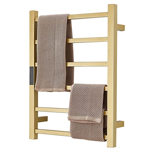 Gold Heated Towel Warmer Rack Bathroom Accessories, Wall Mounted Electric Heated Towel Rail 6 Bars Stainless Steel Electric Drying Racks with Timer, Home Towel Warmer Radiator, Hardwired