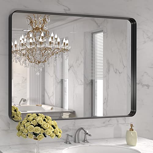 LOAAO 40X32 Inch Black Metal Framed Bathroom Mirror for Wall, Matte Black Bathroom Vanity Mirror Farmhouse, Large Rounded Rectangle Mirror, Anti-Rust, Tempered Glass, Hangs Horizontally or Vertically | Matte Black, Rounded Rectangle Mirror, Anti-Rust, Tem
