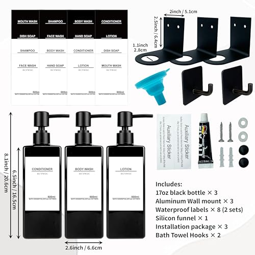 Shampoo Dispenser for Shower Wall, Shampoo and Conditioner Dispenser with 16 Waterproof Labels, No Drill Shower Soap Dispenser Bathroom, Shower Soap Dispenser Wall Mounted 3 Chamber, 17oz,Black | Shampoo Dispenser for Shower Wall, Shower Soap Dispenser Wa