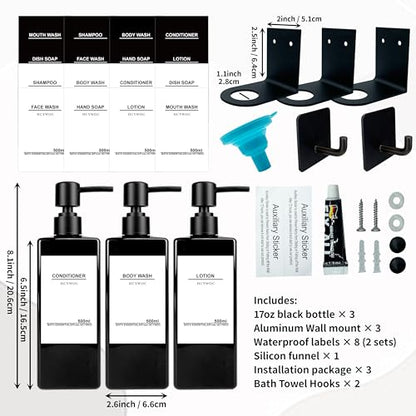 Shampoo Dispenser for Shower Wall, Shampoo and Conditioner Dispenser with 16 Waterproof Labels, No Drill Shower Soap Dispenser Bathroom, Shower Soap Dispenser Wall Mounted 3 Chamber, 17oz,Black | Shampoo Dispenser for Shower Wall, Shower Soap Dispenser Wa