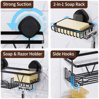 KEGII Shower Caddy Suction Cup, 3 Pack Removable Shower Shelves with Hooks & Soap Holder, No Drilling Bathroom Organizer, Waterproof Suction Storage for Inside Shower, Black