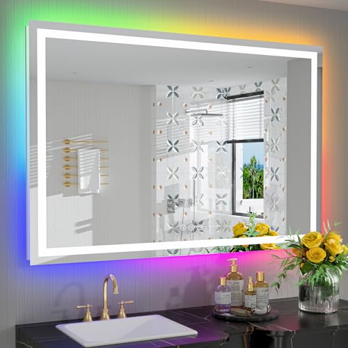 55x40 Inch RGB LED Bathroom Mirror Front Light and RGB Backlit Lighted Vanity Mirror for Bathroom Wall Mounted Dimmable Anti Fog Memory Shatter-Proof IP54 Waterproof Horizontal/Vertical - color: Rgb Backlit+front Lit, size: 55"L x 40"W