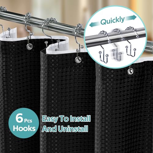 3 in 1 Shower Curtain Set, Waffle Shower Curtain and Liner Set with 6 Double Sided Shower Curtain Hooks, 258GSM Luxury Weighted Cloth Shower Curtain for Shower Stall, 36 W x 72 H, Black - color: Black, size: 36"W x 72"L (Pack of 1)
