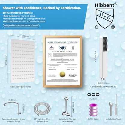 Hibbent All Metal CUPC Certified 10'' Rain Shower Head, Dual Shower Head Combo, High Pressure Handheld 4 Sprays Shower Wand, 16'' Adjustable Extension Arm, 71'' Hose, Shower Holder, Chrome - color: Chrome, style: Square 10''