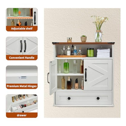Bathroom Cabinet with Double Barn Doors – Wall Mounted Medicine Cabinet over Toilet with Adjustable Shelf & Drawer, 25" Wide Hangging Storage Cabinet for Bathroom, Kitchen, Laundry, Entryway White - color: White