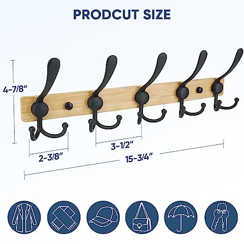 TICONN Wall Mounted Coat Rack, Five Heavy Duty Tri Hooks All Metal Construction for Jacket Coat Hat in Mudroom Entryway (Wood Black, 2-Pack) - color: Wood Black