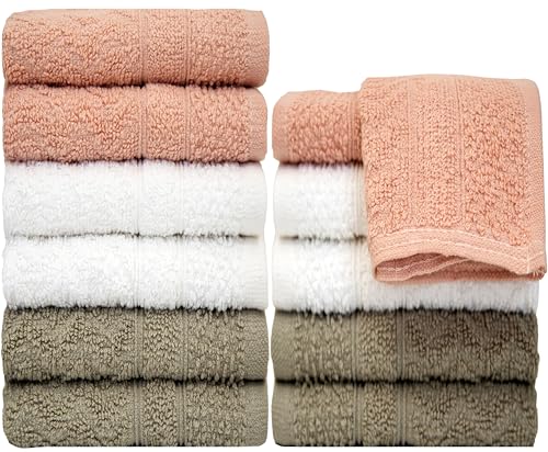 Pleasant Home Chevron Wash Cloths Set - 12 Pack (12” x 12”) – 509 GSM - 100% Ring Spun Cotton Wash Cloth - Super Soft and Highly Absorbent Face Towels (Blush, White & Tan) - color: Blush, White & Tan, style: Chevron
