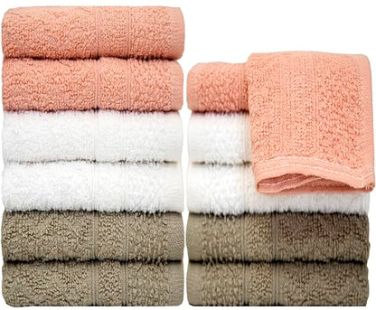 Pleasant Home Chevron Wash Cloths Set - 12 Pack (12” x 12”) – 509 GSM - 100% Ring Spun Cotton Wash Cloth - Super Soft and Highly Absorbent Face Towels (Blush, White & Tan) - color: Blush, White & Tan, style: Chevron