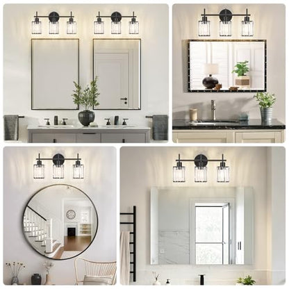Black Bathroom Light Fixtures, Square, 3-Light | Vanity Lights with Crystal Shades, Modern Bathroom Lighting Fixtures over Mirror (Bulbs Not Included, E26) - color: Black (Square), size: 3-Light