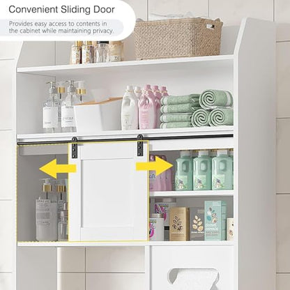VECELO Over The Toilet Storage Cabinet with Sliding Doors, 63.8" Toilet Organizer with Adjustable Shelves, Paper Holder and Racks, for Bathroom Laundry, White - size: 34.3‘’*9‘’*63.8‘’（L*W*H）
