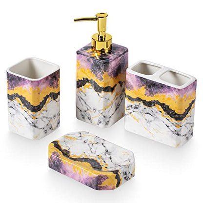 4 Piece Bathroom Accessories Set - Purple Bathroom Accessory Sets Includes Lotion Dispenser, Toothbrush Holder Tumbler, and Soap Dish - Glossy Finish (Marble, Purple) - color: Purple