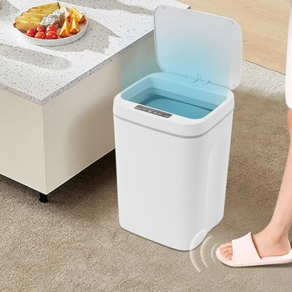 Touchless Motion Sensor Trash Can, 4 Gal Space-Saving Automatic Rectangular Waste Bin, White Garbage Can for Home, Office, Bathroom & Kitchen