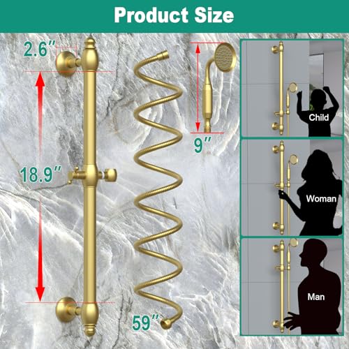 Brass Shower Slide Bar with Handheld Shower Head, Adjustable Height Wall-mounted Retro Hand Shower Head Holder with 59 inch Hose for Bathroom, Brushed Gold - color: Brushed Gold