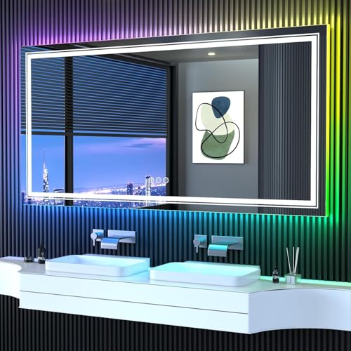 Snowdool 60 x 36 in RGB LED Bathroom Mirror, Front and Backlit, Anti-Fog | 8 RGB Backlight Modes, 3 Front Light Colors, Anti-Fog, Tempered Glass - size: 60"L x 36"W