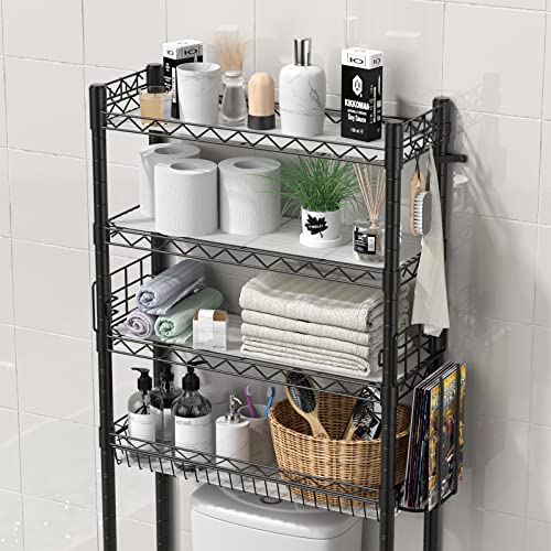Hodonas Over Toilet Bathroom Organizer, Black, 26.97" x 9.84" x 67.32" | Carbon Steel, 4 Tiers, Adjustable, Freestanding, Sturdy and Stable, Easy to Assemble, Space Saver for Bathroom Storage - color: Black-4 Tier