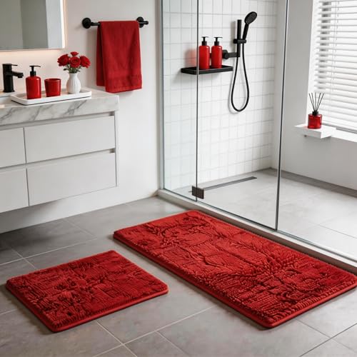 RUN HELIX Bathroom Rugs, Chenille Bath Mat, Non-Slip, Machine Washable Bath Rugs - Ultra Soft Bath Mats, Dries Quickly, Bathroom Rug Set of 2 Red Batroom Mats Set-32x20+24x16 Inch Christmas Rug - color: Red
